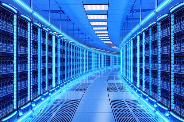 Blue-lit data center servers