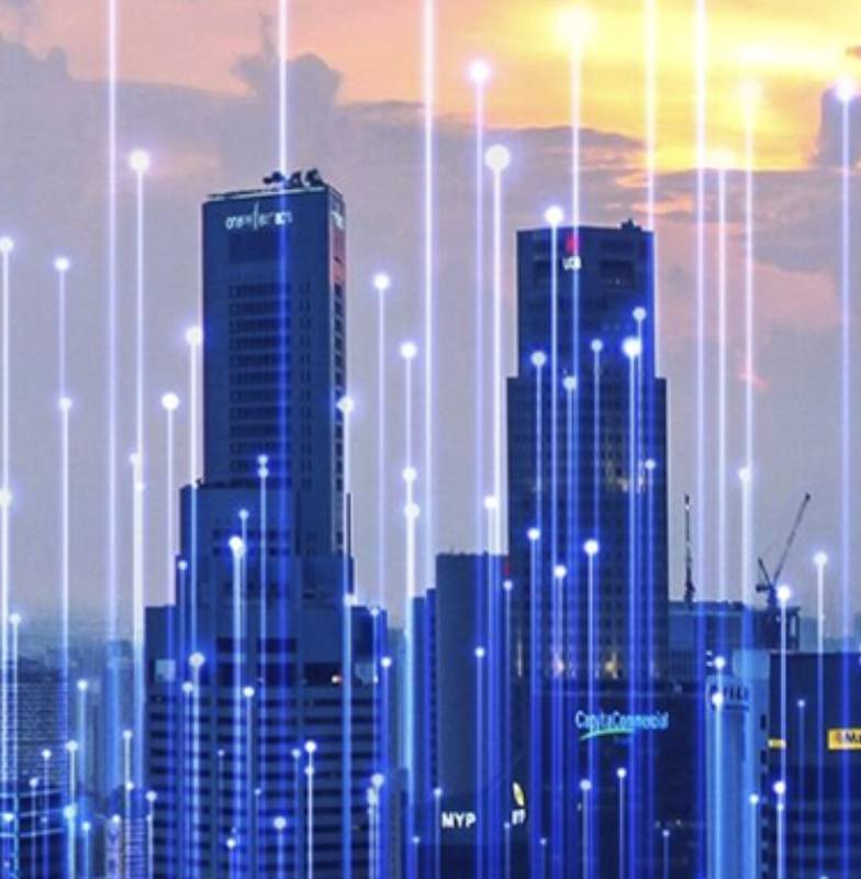 A city skyline with persony lights